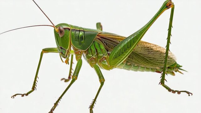 Video A close-up of a large green grasshopper sitting on a white background