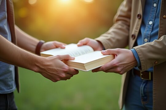 Close-up Shot of Two People Exchanging a Book Outdoors