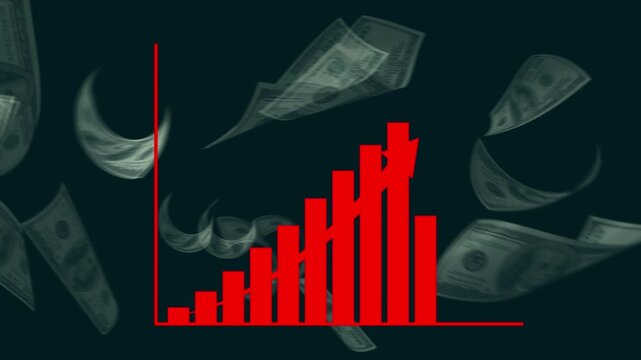 business graph animation video with Flying Dollar Bills, Financial Growth Animation,Dynamic animation showcasing a red bar chart rapidly increasing in height, symbolizing financial growth .