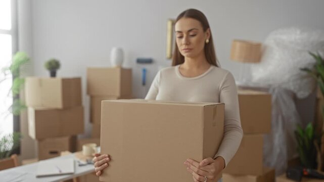 Woman holding cardboard box and lifting it with both hands in building amid stacked moving boxes and wrapped furniture; optimism fresh start.