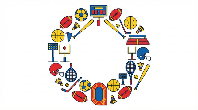 Various sports equipment icons arranged circular.