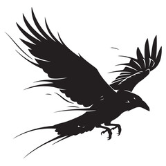 Naklejka premium Flying black raven silhouette with spread wings vector illustration for gothic or nature design