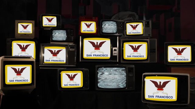 Stacked Vintage TVs Displaying San Francisco City Flag and Phoenix Symbol - 4K