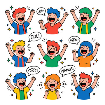 Group of diverse cartoon soccer fans cheering excitedly