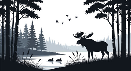Fototapeta premium Moose standing by serene forest lake.