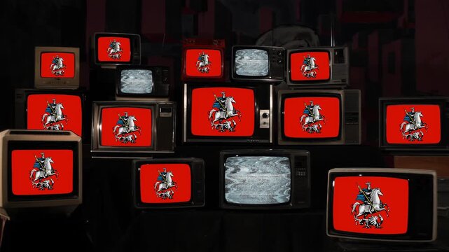 Stacked Vintage TVs Displaying Moscow Russia Coat of Arms - 4K