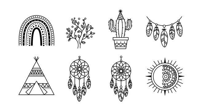 Bohemian dreamcatcher and desert symbols illustrations set