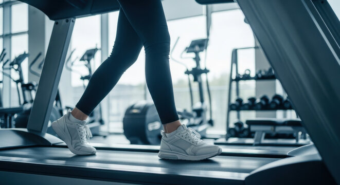 Close up of woman walking on treadmill in modern gym with copy space, representing fitness background and healthy lifestyle concept. Focus on cardio training, endurance and active living