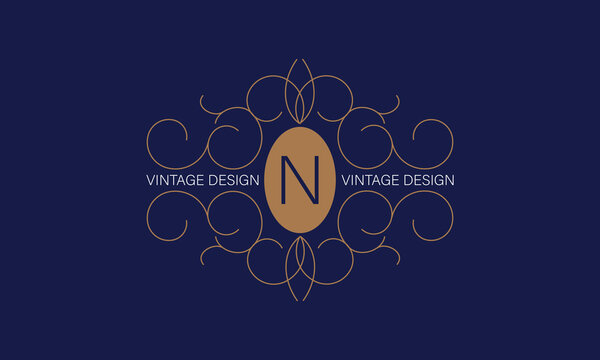 Vintage frame with letter N in the center. Floral logo for monograms, invitations, frames, menus and labels. Graphic design for websites, cafes, boutiques, hotels and wedding invitations.