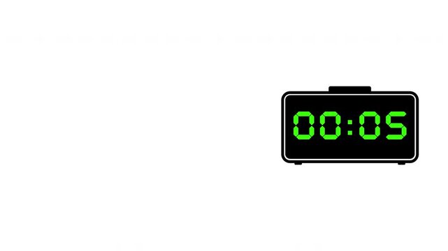 Digital clock counting up from zero to sixty seconds with green glowing numbers on a black electronic device isolated on a white background for time tracking and countdown. 4K with alpha channel