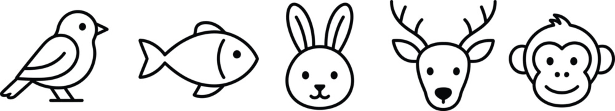 Cute animal faces collection isolated on transparent background bird fish rabbit deer and monkey