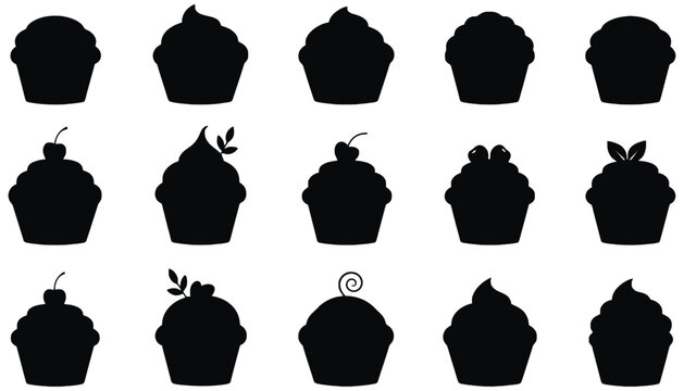 A set of cupcake silhouettes on a white background for design