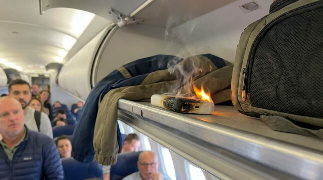 Close-up of a burning and smoking power bank on an overhead luggage compartment in an airplane cabin.