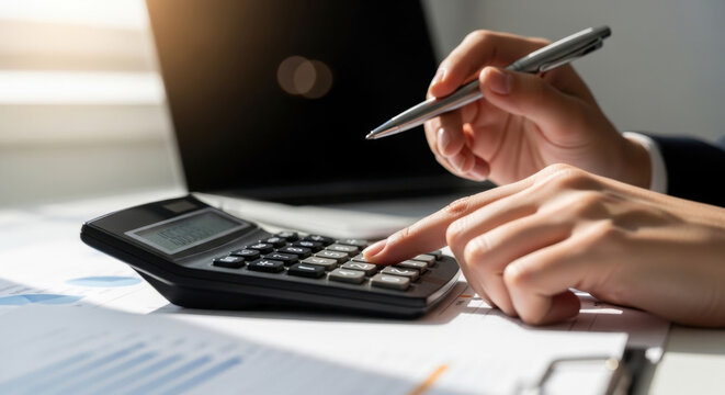 Business professional using calculator and laptop for budget planning, tax calculation and financial analysis, concept of accounting management and cash flow control