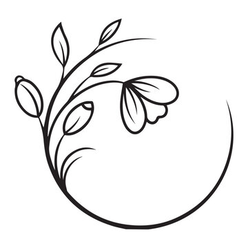 Minimalist Circular Floral Frame Vector - Decorative Flower Branch and Bud Line Art Isolated on White Background