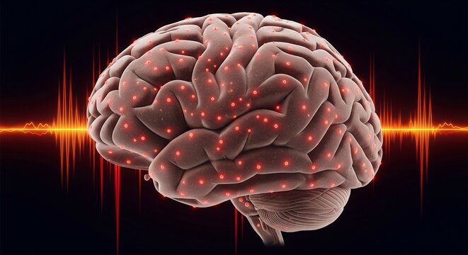 Human brain neural activity with glowing red nodes and orange electrical impulses on a black background in a conceptual 3D render