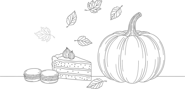 Autumn still life pumpkin pie and apples isolated on transparent background