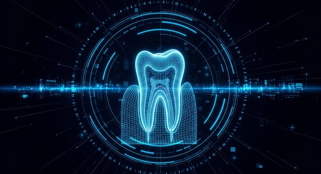 Digital tooth wireframe illustration on dark tech backdrop with circular hud elements for dental technology concept design