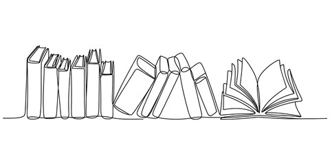 Continuous line drawing of a row of books with an open one at the end for education concept. © JCS Graphic Design 