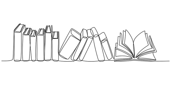 Continuous line drawing of a row of books with an open one at the end for education concept.