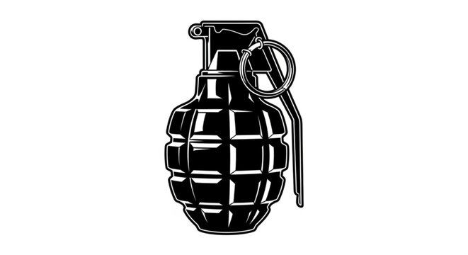 A black and white vector graphic illustration of a grenade icon