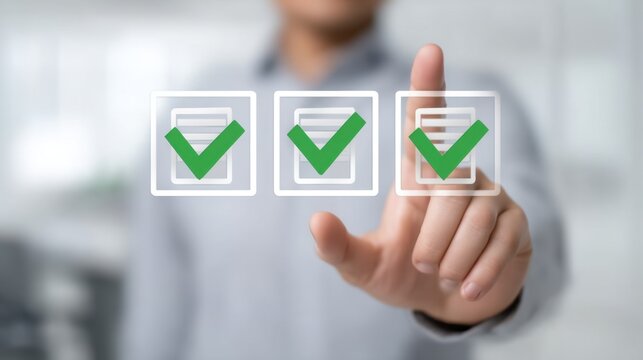 Businessman Holding Up Three Checkmarks for Successful Task Completion in Modern Office Environment