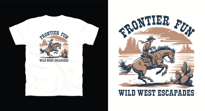 Frontier fun wild west escapades cowboy horse riding illustration.