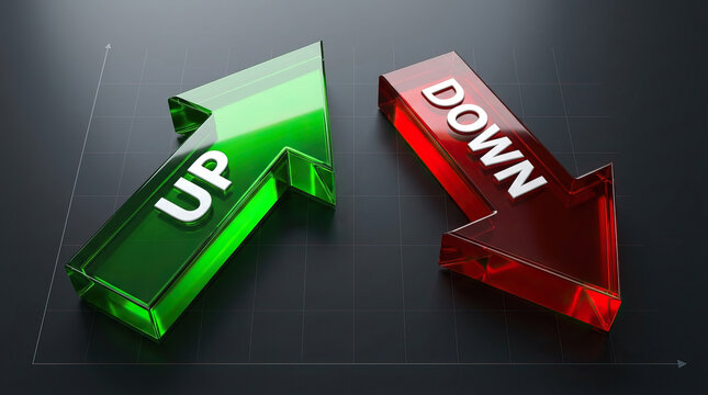 Green up arrow and red down arrow on dark grid background symbolizing increase and decrease, financial concept with shiny 3D effect and reflective surface