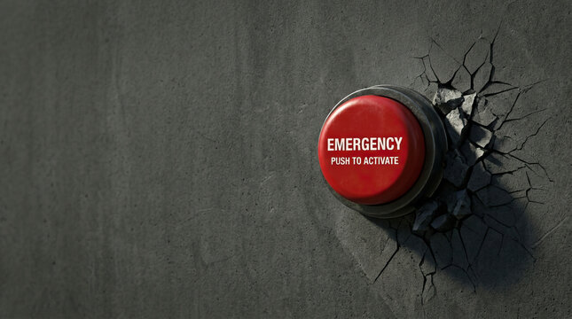 Emergency button red button push button cracked wall concrete wall safety device alert system emergency alert warning button industrial safety emergency activation danger signal urgent button