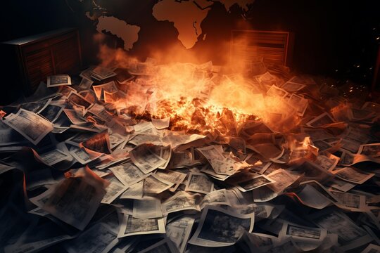 Pile of burning documents unleashing smoke and chaos in an archive room with a world map