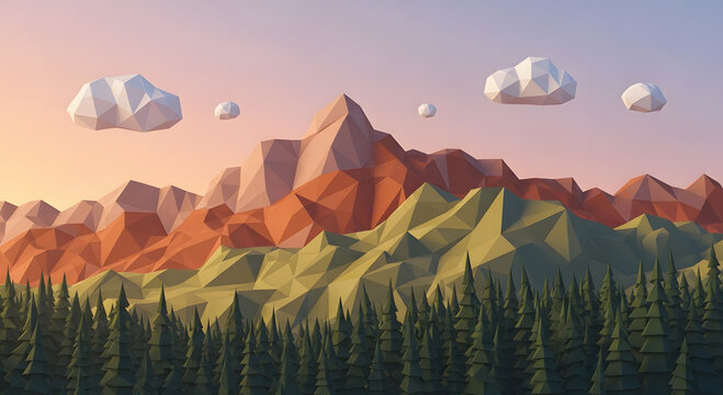 Low poly mountain range with trees and clouds at sunset