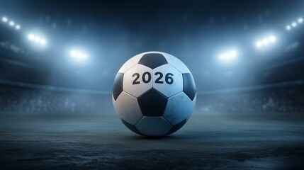 Fototapeta premium Soccer ball rests center stage on a dark pitch