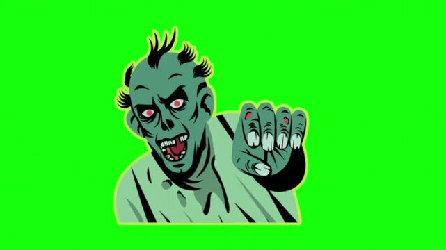 Scary Cartoon Zombie Character Reaching Hand on Green Screen