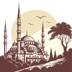 Brown mosque with minarets and domes trees birds © md shuvo1122