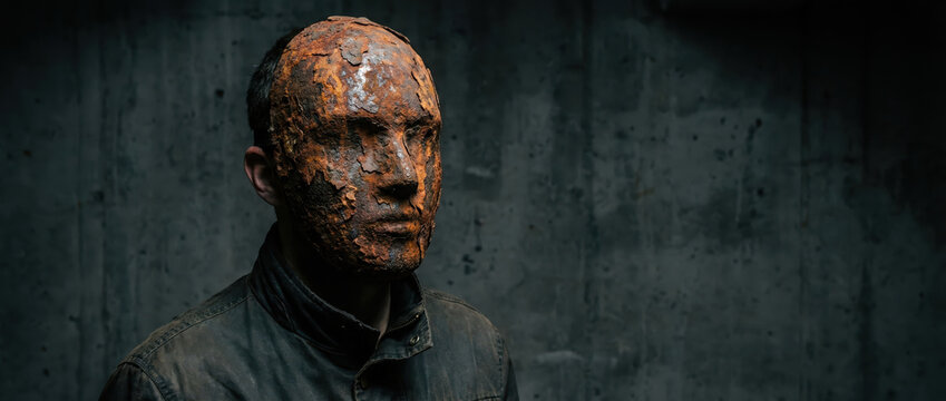 Man with a rusted metal face expressing prosopagnosia. Distorted identity and face blindness. Neurological confusion and memory.