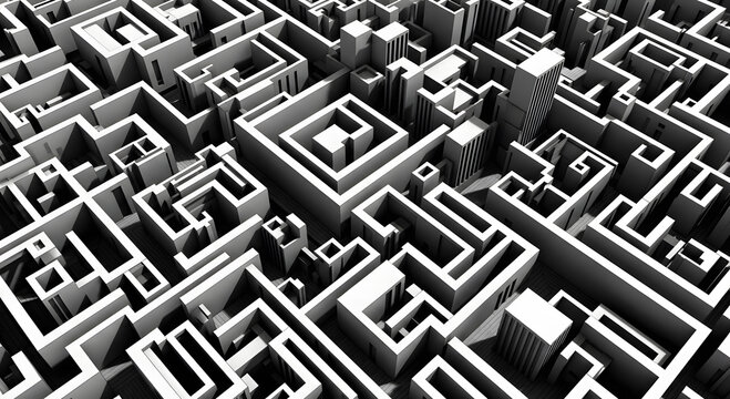 A complex maze with many paths and buildings inside it