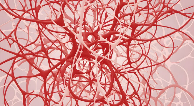 Blood vessels and capillaries in a human body shown in red and pink hues forming a complex network of circulatory system pathways and structures