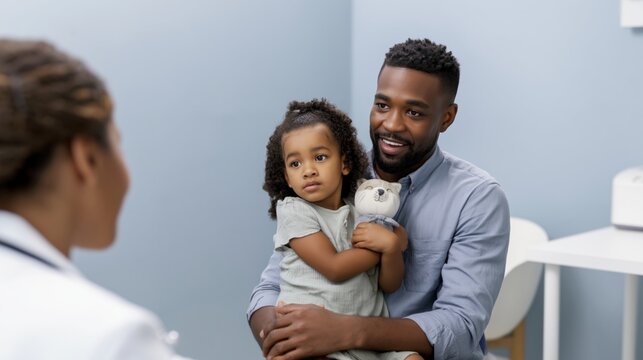 Father comforting young daughter with toy during pediatric doctor visit in modern clinic