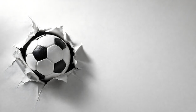 Ballon de football, soccer, sortant d&rsquo;un trou dans du papier avec espace de copie sur fond blanc