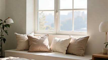 Fototapeta premium aesthetic morning light through window cozy pillows clean and minimalist style bright composition professional stock photo.