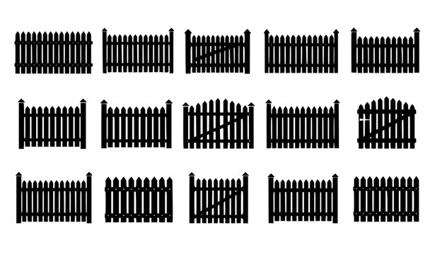 Picket fence silhouette set black vector wooden fence rustic garden boundary collection