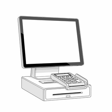 Line drawing of a modern point of sale system with card reader