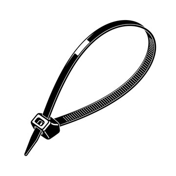 A black and white illustration of a single plastic zip tie