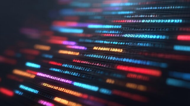 Abstract Colorful Data Stream in Cinematic Style with Binary Code Elements in Dark Background Ideal for Technology Visuals and Digital Content Creation