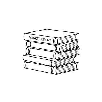 A stack of books labeled market report in a simple line drawing