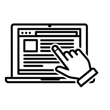 A hand pointing at a laptop screen with a web page displayed