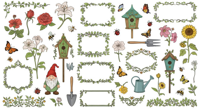 Garden elements collection floral frames birdhouses butterflies and tools