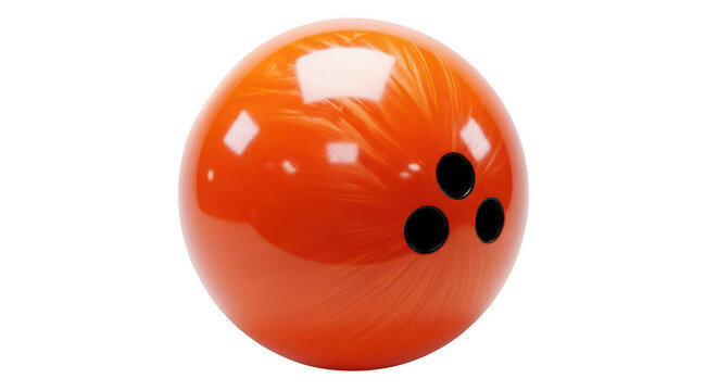 Orange bowling ball with black finger holes, glossy surface, swirling pattern, sports equipment, game accessory, isolated on transparent background.