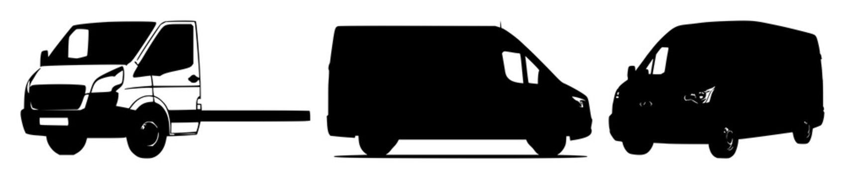 Van set with solid black icon on white background featuring fleet management, transportation, vehicle icons with commercial vans and logistics