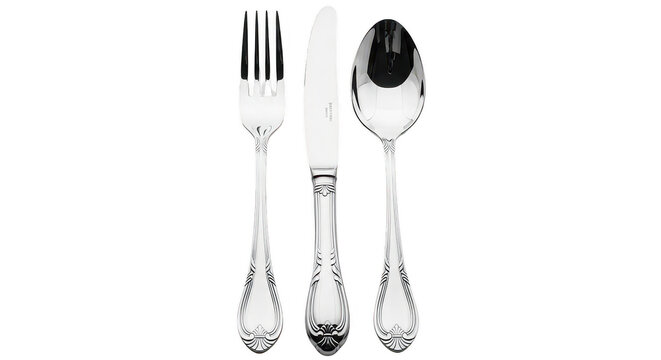 Elegant silver cutlery set including fork knife and spoon with classic vintage pattern isolated on transparent background for luxury dining restaurant menu and table setting design.